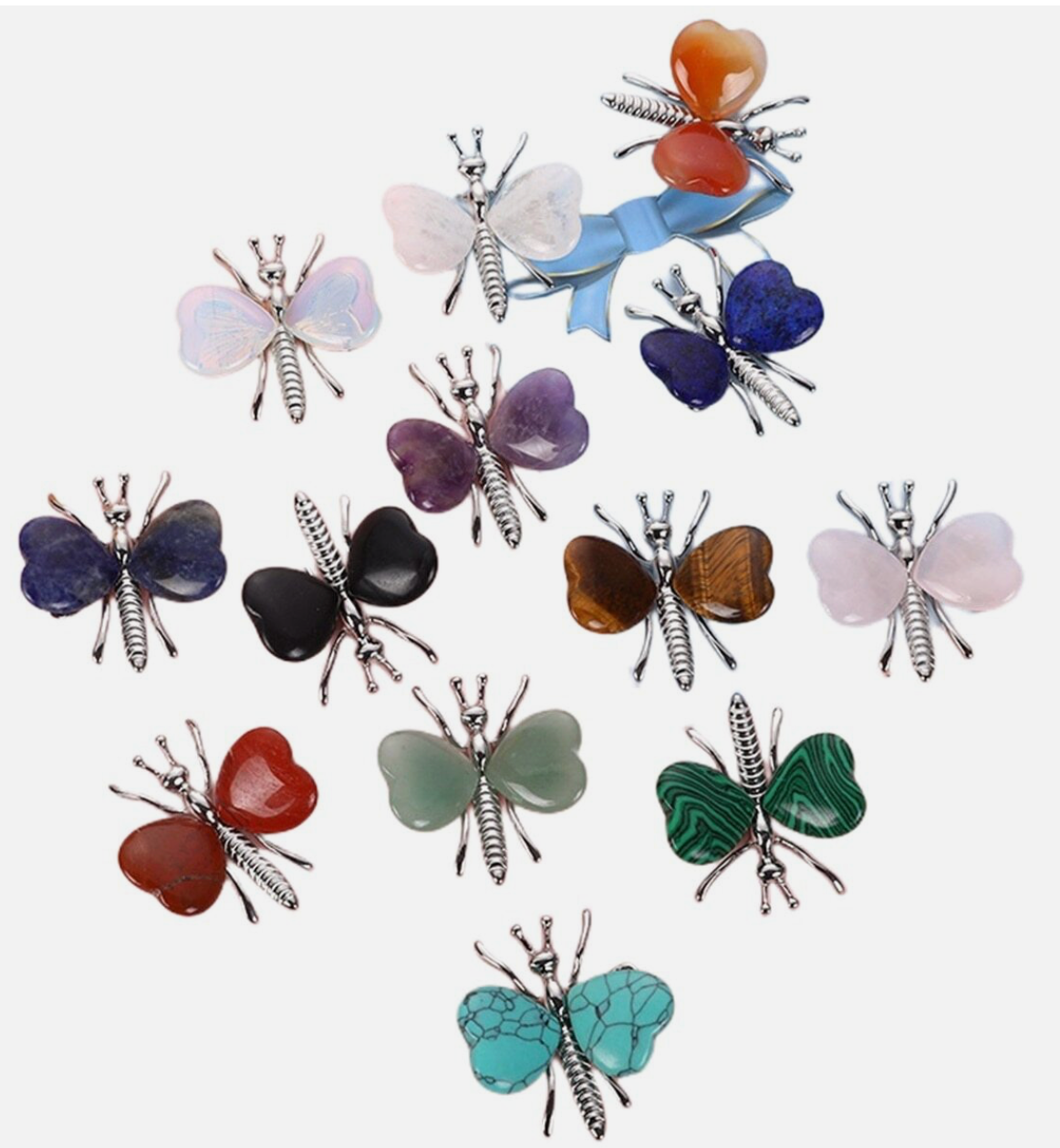 Natural Crystal Heart Stone Wings Silver Butterfly Energy Animal Ornament  Gift
