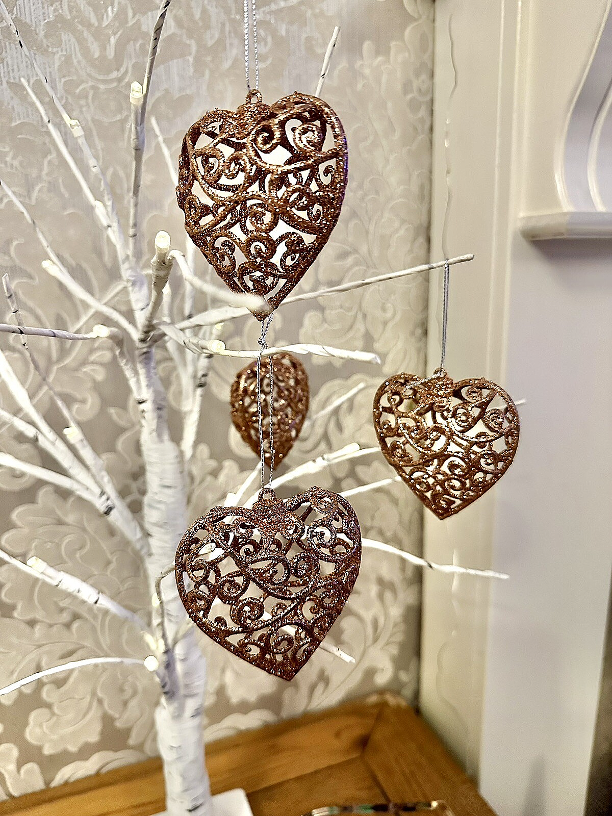 4 Christmas Hanging Rose Gold Heart Baubles 3D Glitter Ornament decoration