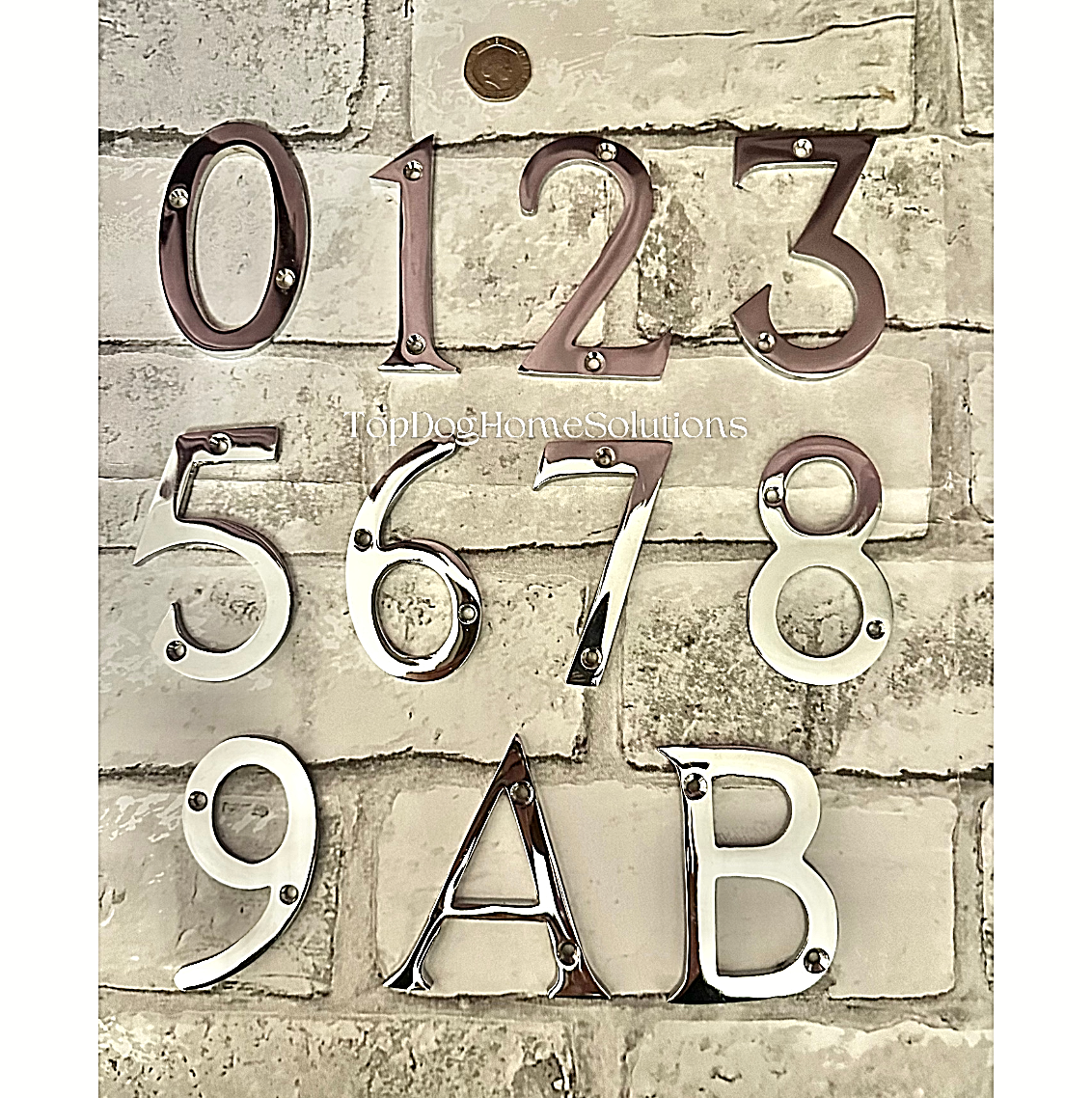Large Polished Chrome Door Numbers House Flat Shop 3" 75mm Letters Inc Screws