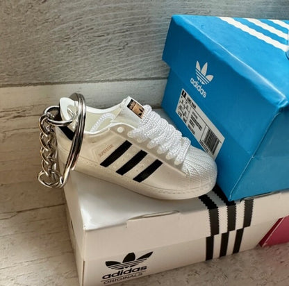 1 ADIDAS Mini 3D Trainer Sneaker Superstars Black White Keyring Inc + Shoe Box