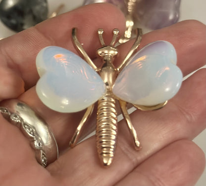 Natural Crystal Heart Stone Wings Silver Butterfly Energy Animal Ornament  Gift