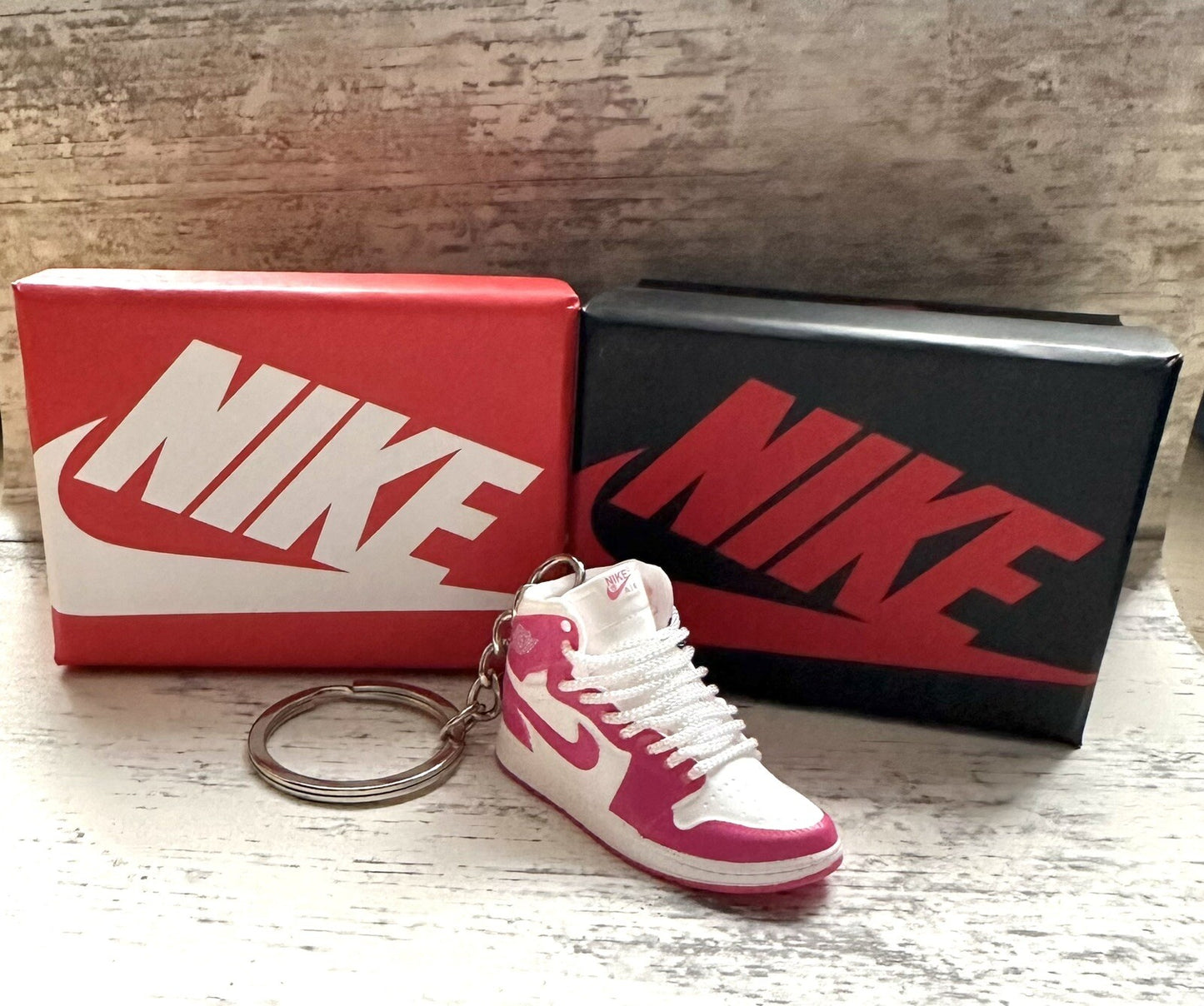 Mini Nike Jordan Air Trainer sneaker White Keyring Hot Pink Prime shoebox