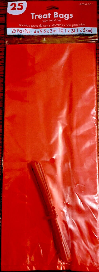 Red Party Bags 25 Small Children's Gift Loot & Twist Ties 4”X 9”x2”