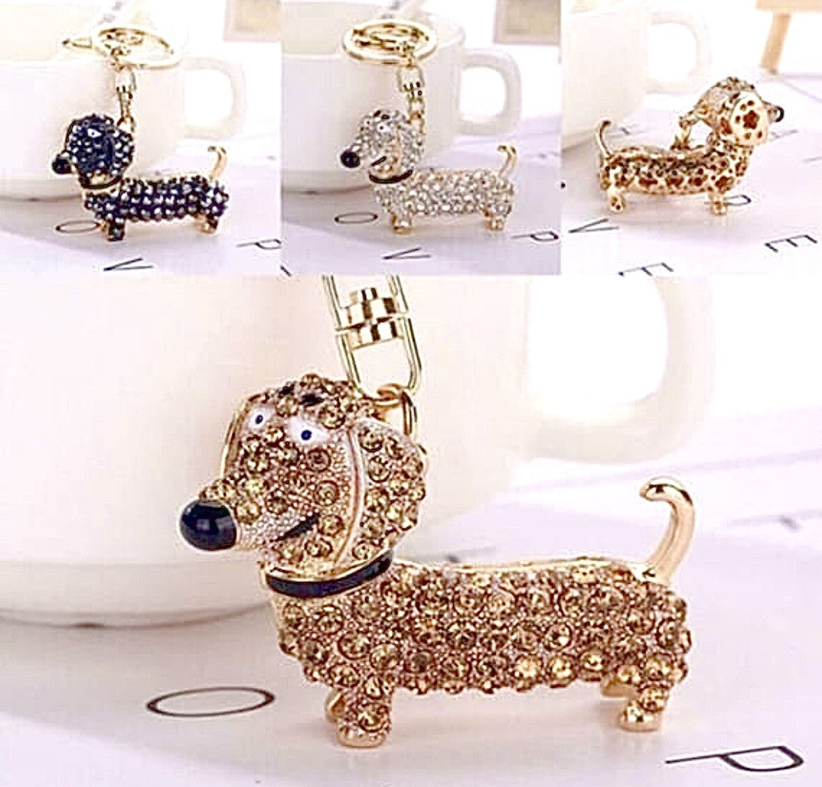 Silver black gold Dachshund Sausage Dog Keyring Keychain bag charm bling crystal