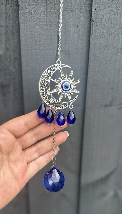 Hanging Evil Eye Suncatcher Sapphire Blue Crystal Protection