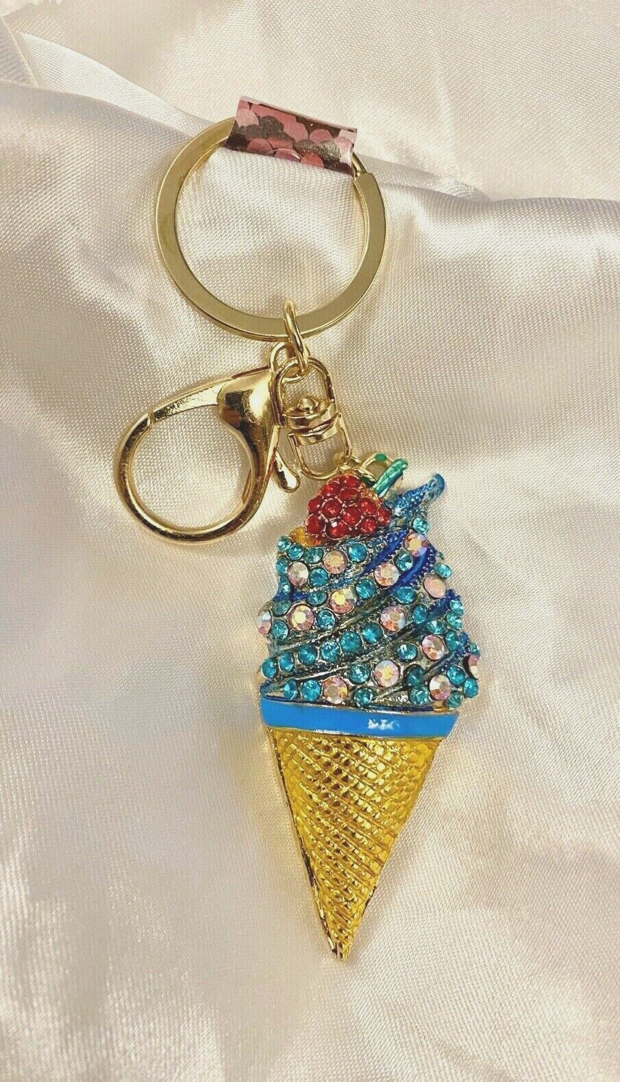 Ice-cream crystal keyring blue pink diamond diamanté Gift charm bag bling