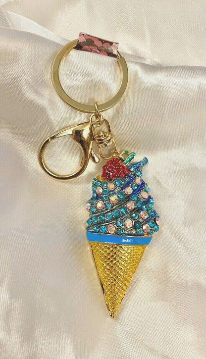 Ice-cream crystal keyring blue pink diamond diamanté Gift charm bag bling