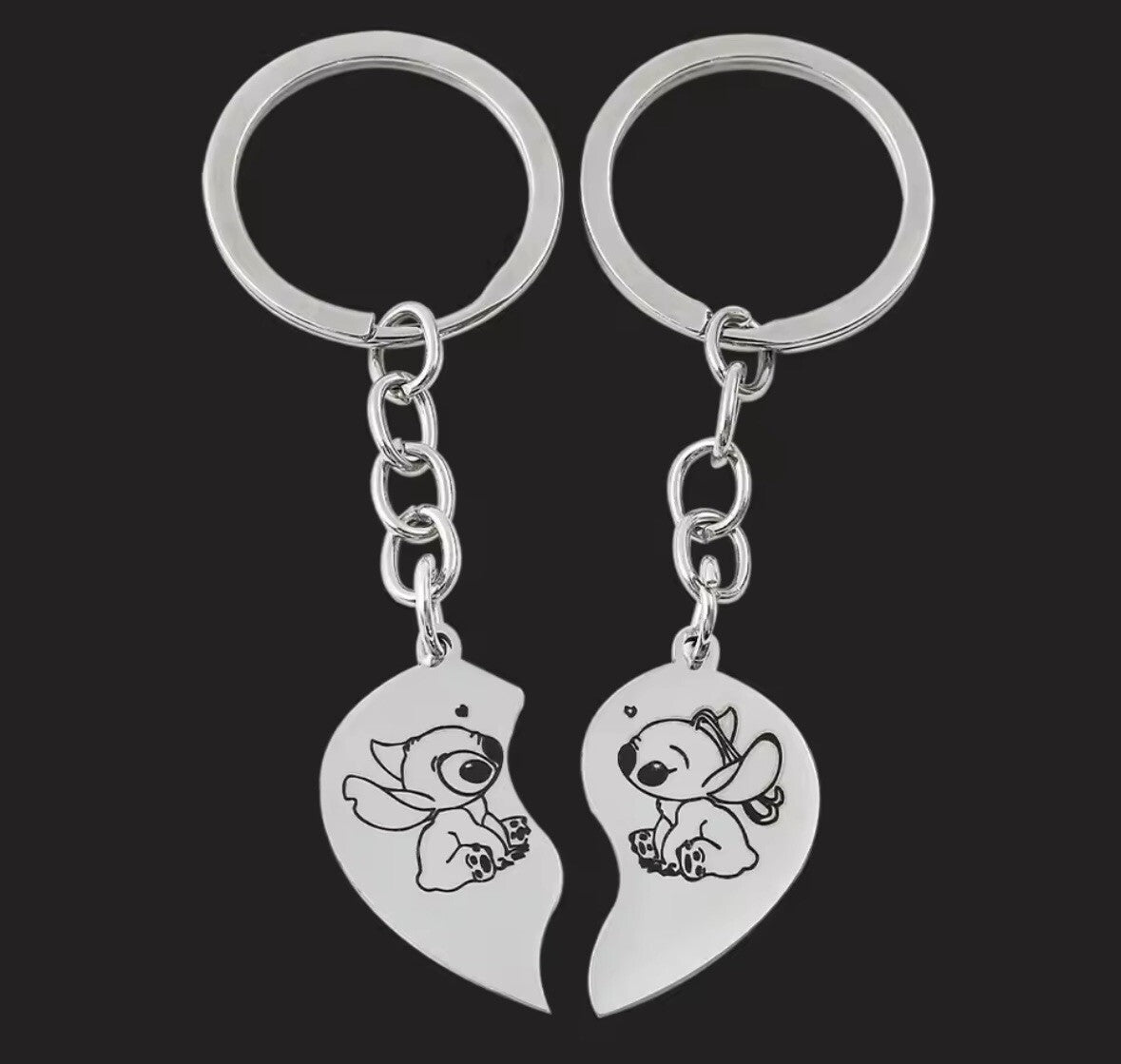 2 Valentine’s Couples Angel & Stitch Lilo Keyrings Love heart Gift Girlfriend