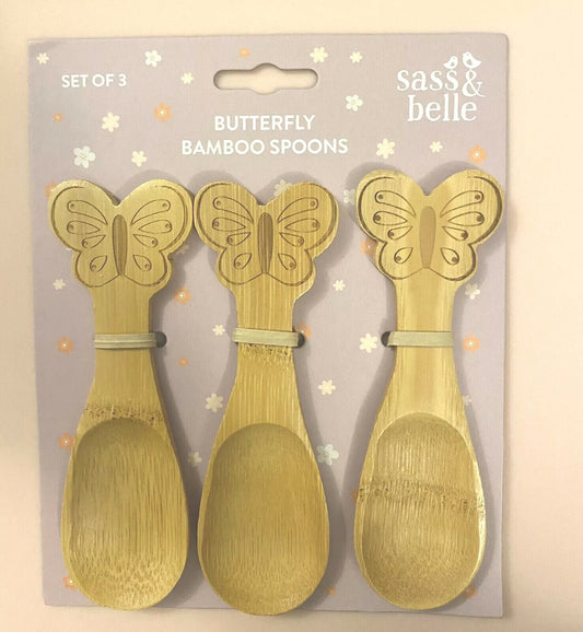 🦋Kids Butterfly Bamboo Spoons -Set 3 toddler wooden feeding Weaning Eco childs