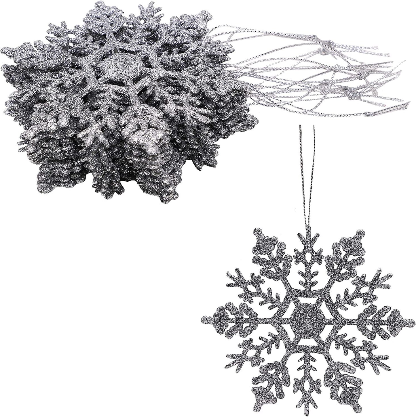 Silver Christmas 6 Pack Glitter Snowflakes Hanging Tree Decorations Frozen Pack