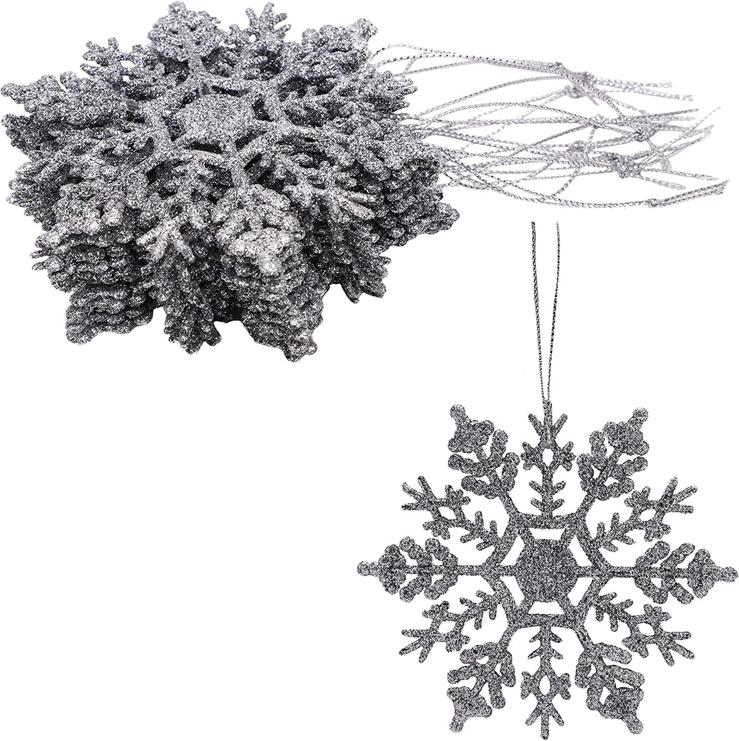 Silver Christmas 6 Pack Glitter Snowflakes Hanging Tree Decorations Frozen Pack