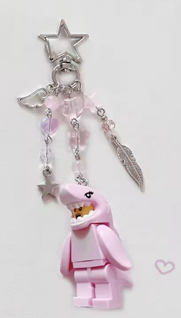 Couples matching Keyring Bag Charm Beads Blue Pink Shark suit Man Girl Car keys