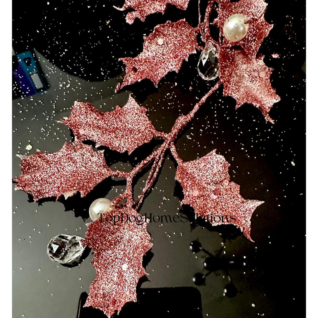 Christmas Pink Glitter Pearl & Diamanté Holly Decoration 28cm Xmas Hanging tree