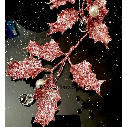 Christmas Pink Glitter Pearl & Diamanté Holly Decoration 28cm Xmas Hanging tree