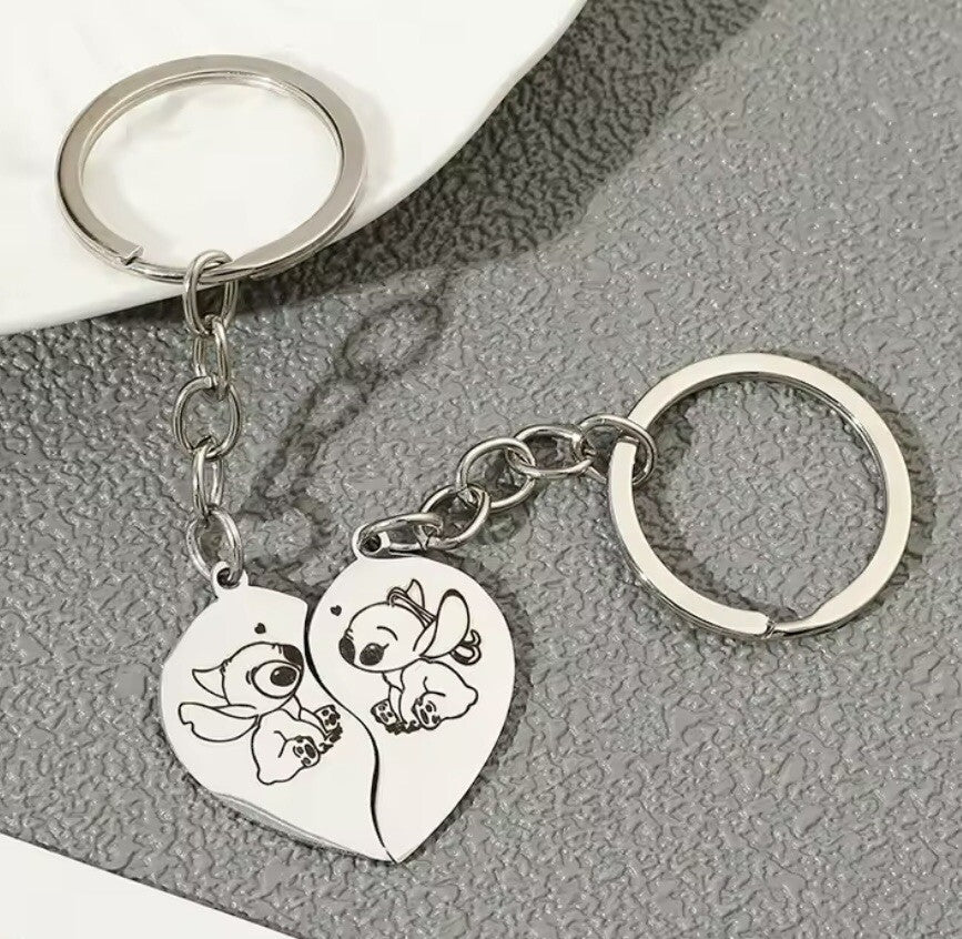 2 Valentine’s Couples Angel & Stitch Lilo Keyrings Love heart Gift Girlfriend