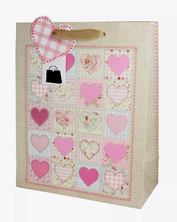 Valentine’s Pink Glitter Hearts Gift Bag Rustic & Tag Birthday 26.5 X 21cm💞
