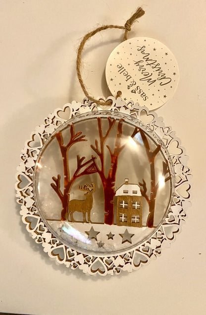 Snowy Reindeer globe flat hanging Bauble hearts xmas tree decorations Christmas