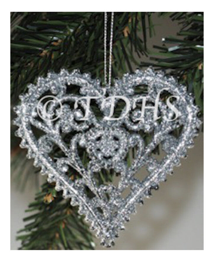 2 x Silver Hanging Heart Glitter Tree Bauble Christmas Hearts Love decoration