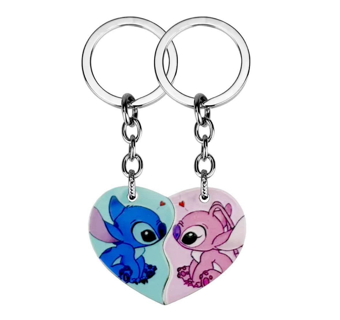2 Couples Angel & Stitch Lilo Keyrings Love heart Gift Girlfriend Christmas