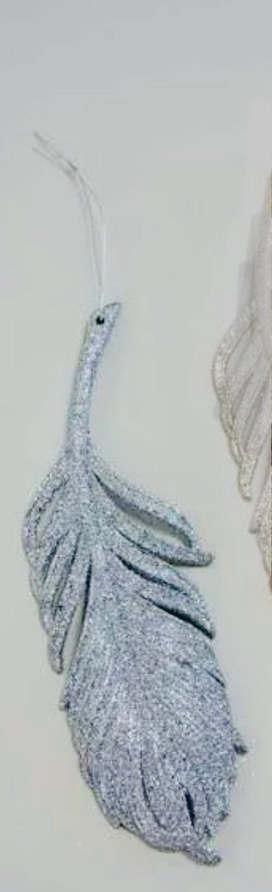 3 x Feather Tree Hanging Silver Glitter Baubles Decoration 21cm Xmas