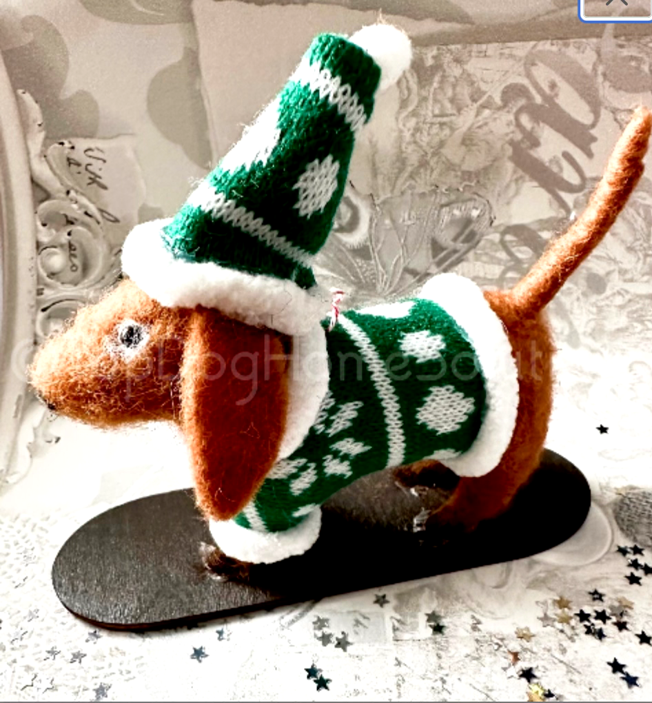 Christmas Sausage Dog Felt Dachshund Tree HangIng Green Jumper Coat Decoration
