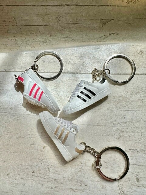 1 ADIDAS Mini 3D Trainer Sneaker Superstars Black White Keyring Inc + Shoe Box