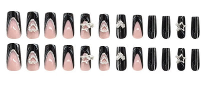 Black & Pink Glitter false nails Coffin Hearts  glossy shiny press on glue tabs