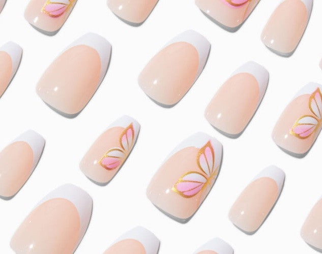 Claire’s Pink White Butterfly Stiletto Fake False Nails Press On Glue Gloss