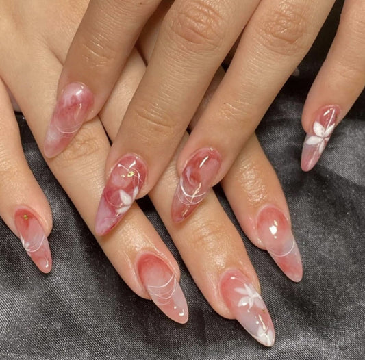 Pink & Orange Glitter Almond Fake False Nails Preston Glue Shiny Glossy Pointed