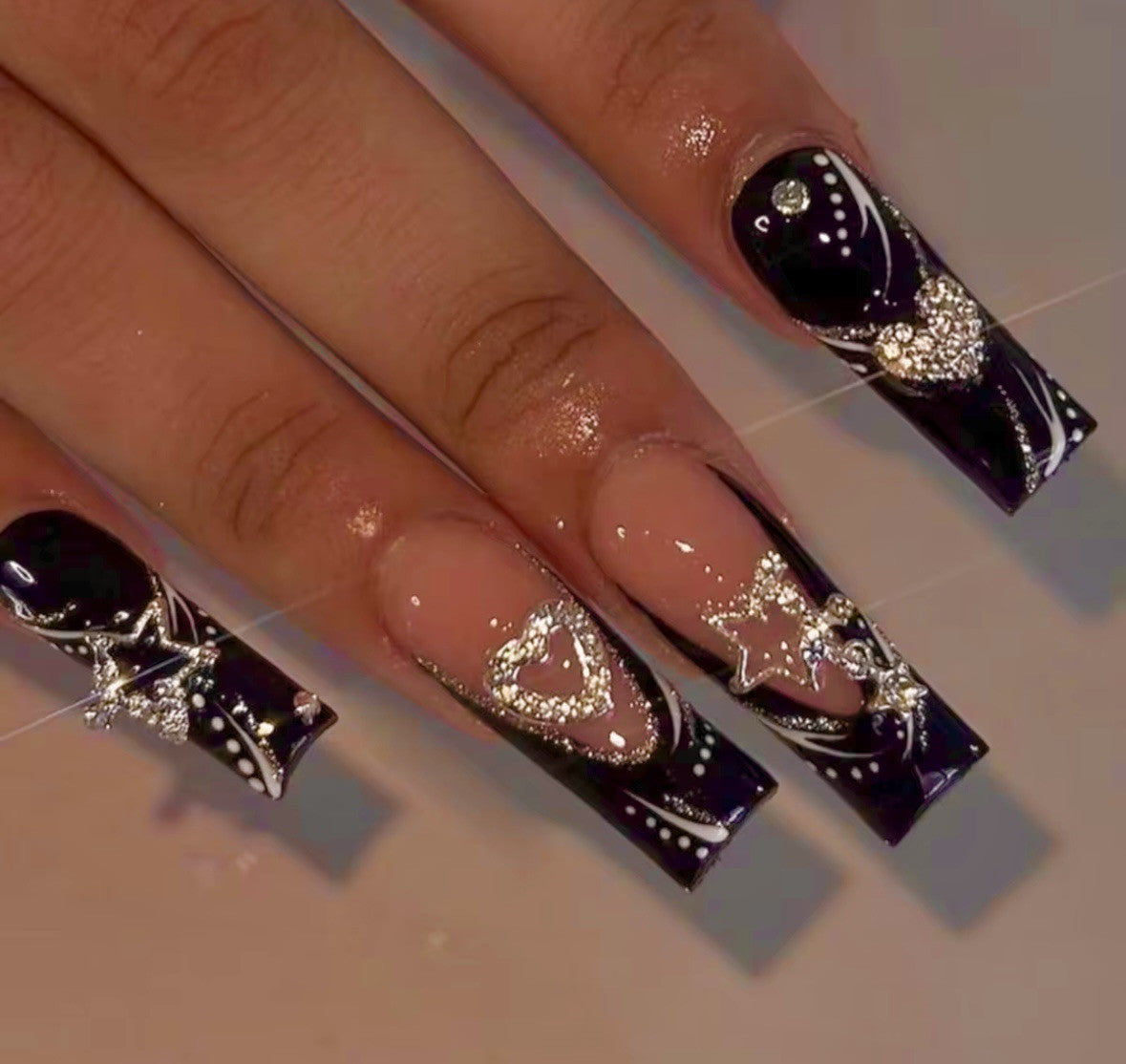 Black & Pink Glitter false nails Coffin Hearts  glossy shiny press on glue tabs