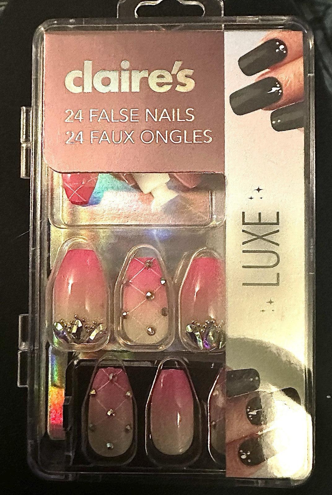 Claire’s Pink White Rhinestone Stiletto Fake False Nails Press On Glue Gloss