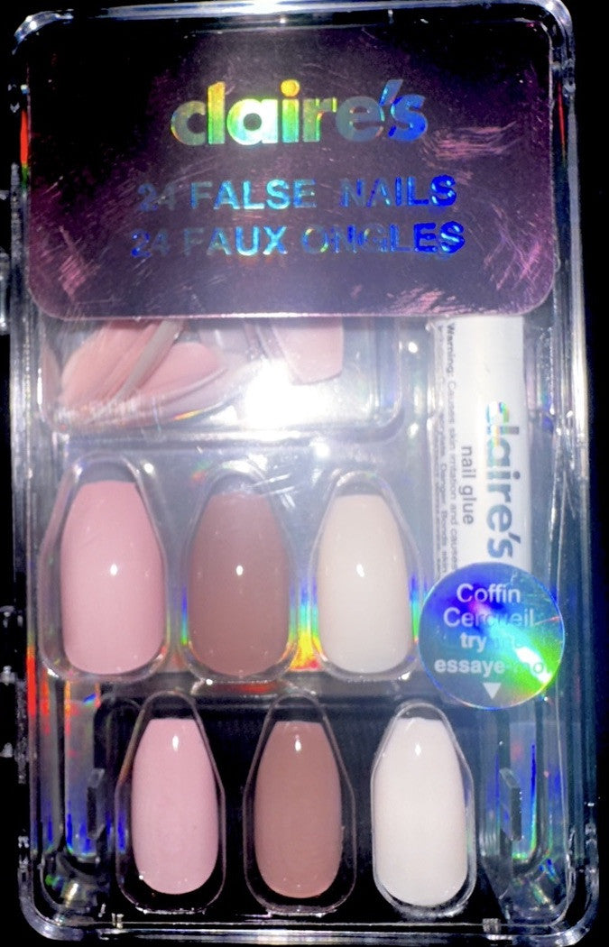 Claire’s Pink White Chocolate Stiletto Fake False Nails Press On Glue Gloss