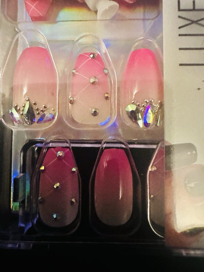 Claires Pink White Coffin Rhinestone Fake False Nails Preston Glue Shiny Gloss