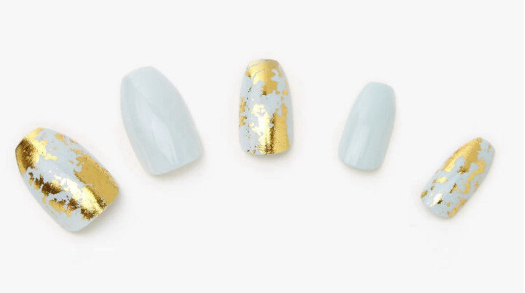 Claire’s Gold Foil White Coffin Fake False Nails Press On Glue Gloss Pointed