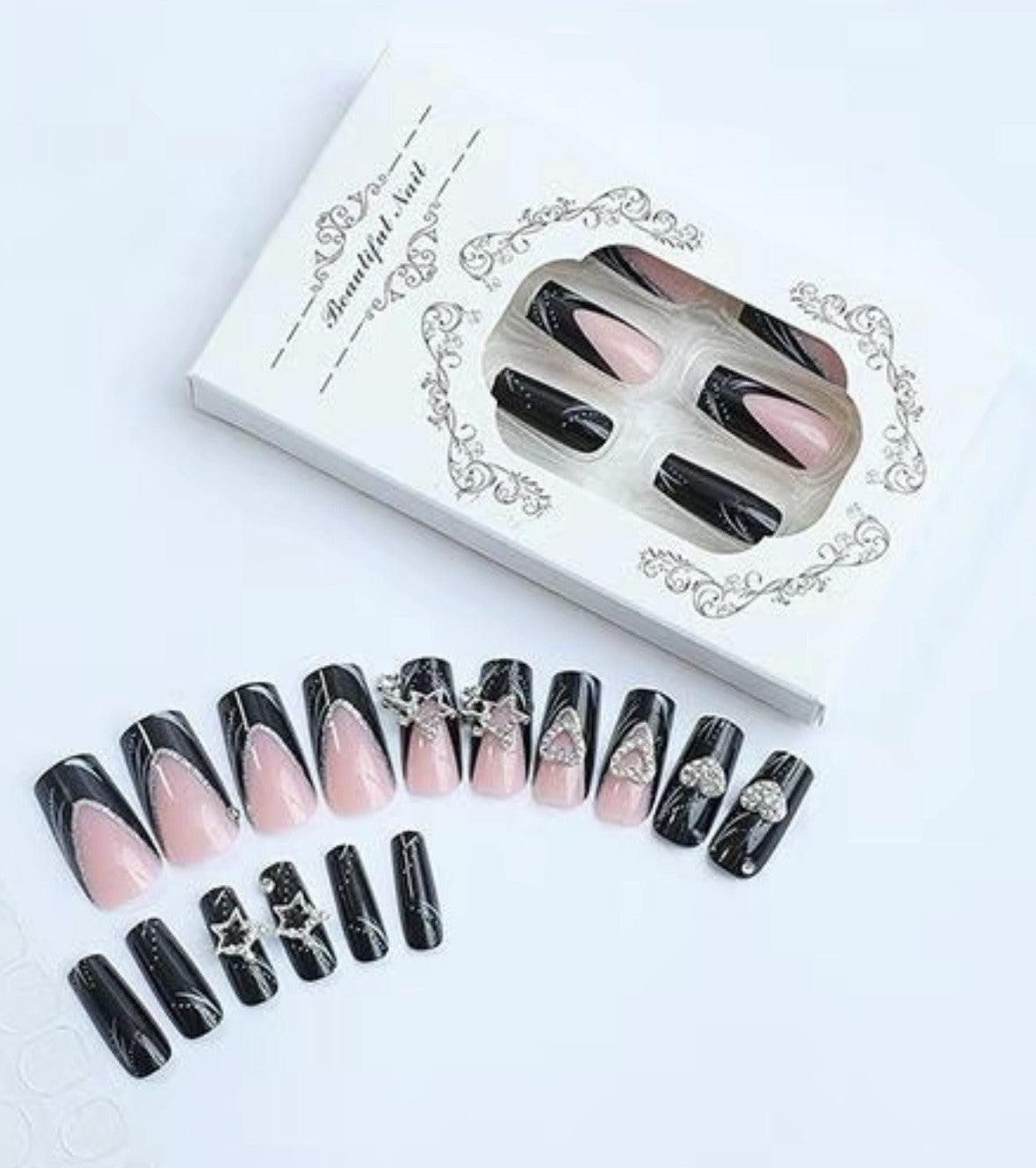 Black & Pink Glitter false nails Coffin Hearts  glossy shiny press on glue tabs