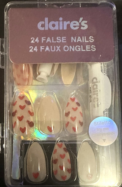 Claire’s Pink & Red Hearts Stiletto Fake False Nails Press On Glue Gloss Pointed