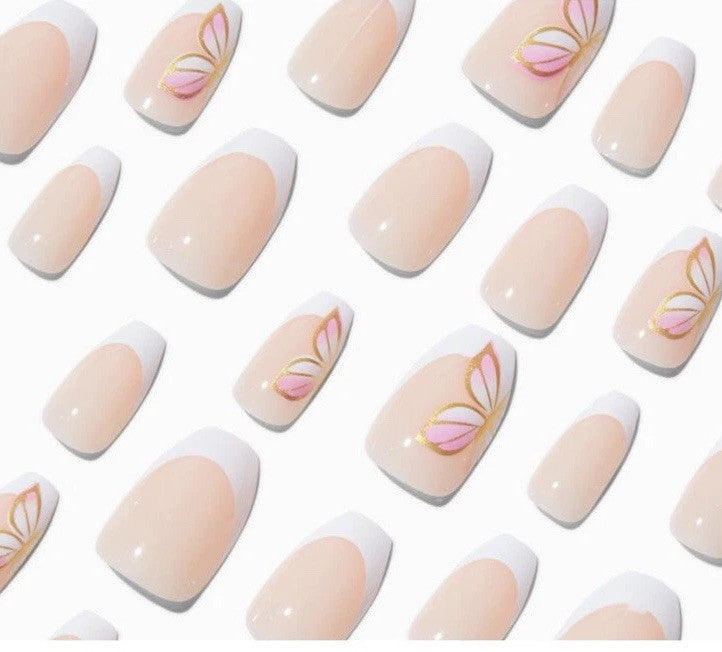 Claire’s Pink White Butterfly Stiletto Fake False Nails Press On Glue Gloss