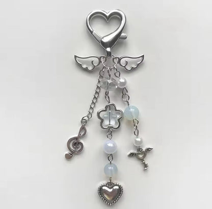 Music Keyring KeyChain Angel Heart Beaded Mobile Phone Bag Charm Mothers Day