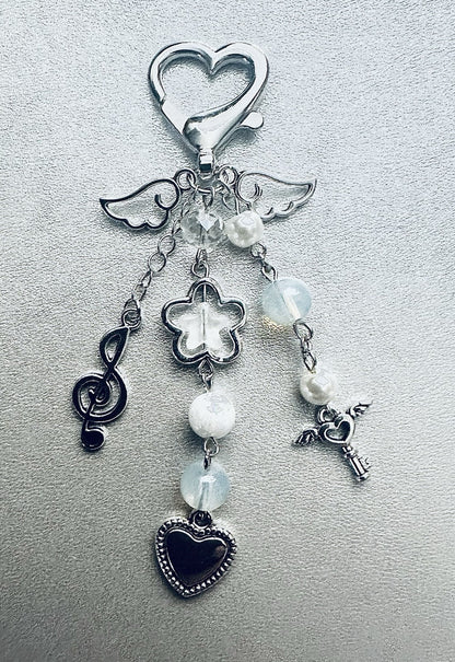 Music Keyring KeyChain Angel Heart Beaded Mobile Phone Bag Charm Mothers Day