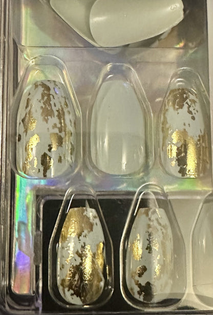 Claire’s Gold Foil White Coffin Fake False Nails Press On Glue Gloss Pointed