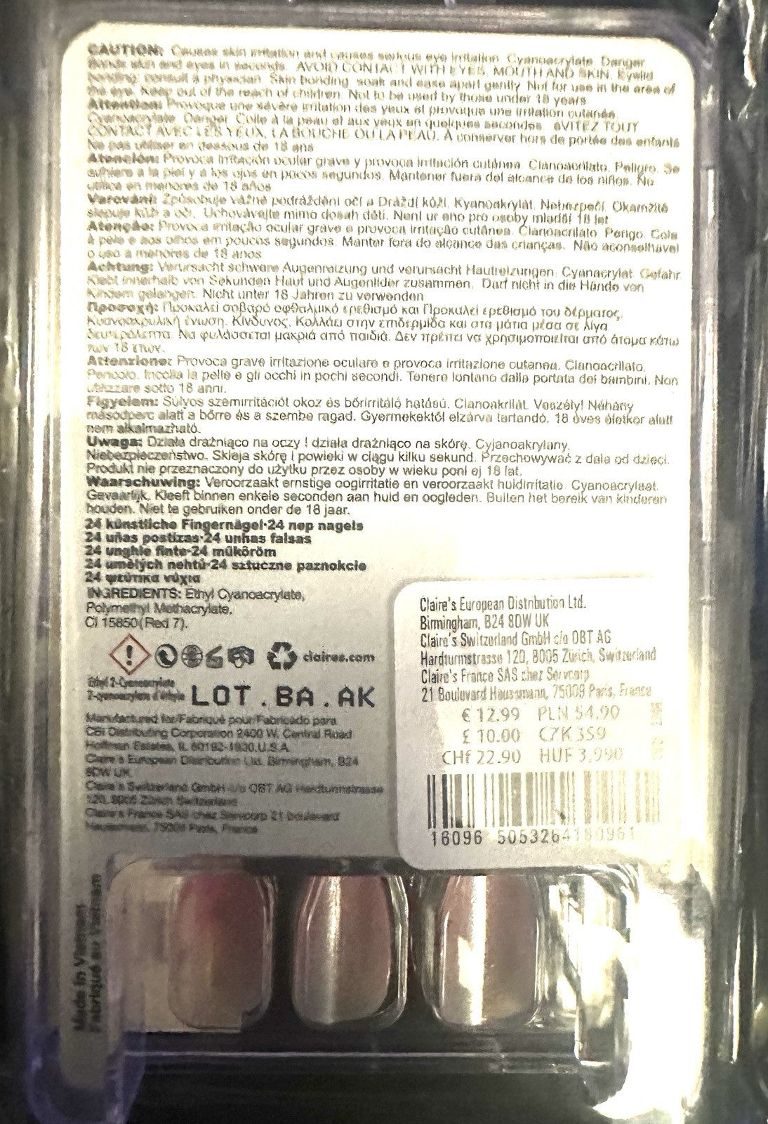 Claire’s Pink White Rhinestone Stiletto Fake False Nails Press On Glue Gloss