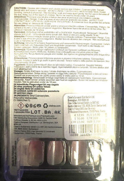 Claire’s Pink White Rhinestone Stiletto Fake False Nails Press On Glue Gloss