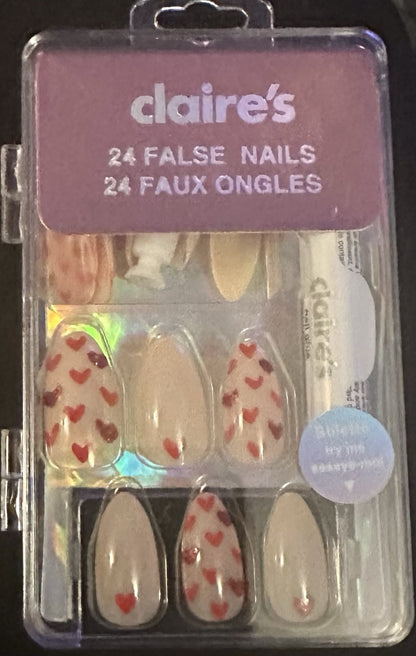 Claire’s Pink & Red Hearts Stiletto Fake False Nails Press On Glue Gloss Pointed