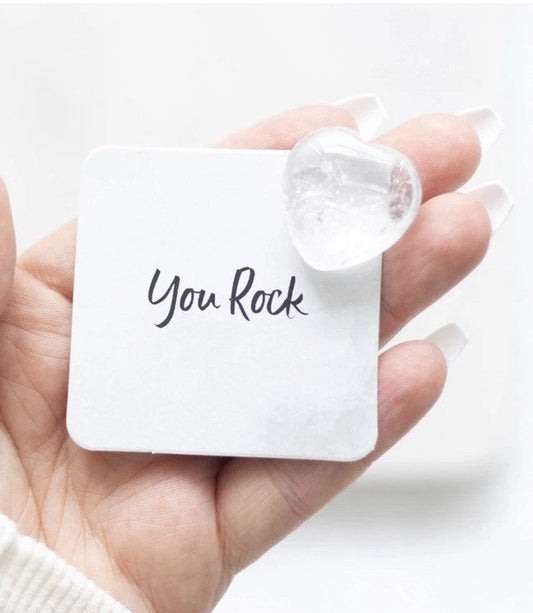 Clear Quartz Crystal Heart in a White Gift Bag & Card You Rock Mothers Day