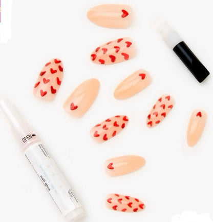 Claire’s Pink & Red Hearts Stiletto Fake False Nails Press On Glue Gloss Pointed