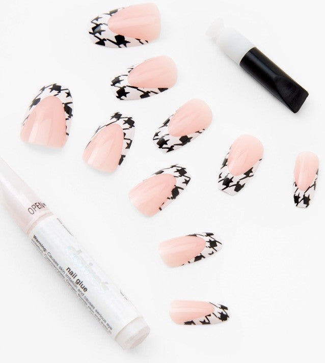 Claire’s Black White Check Coffin Fake False Nails Press On Glue Gloss Pointed