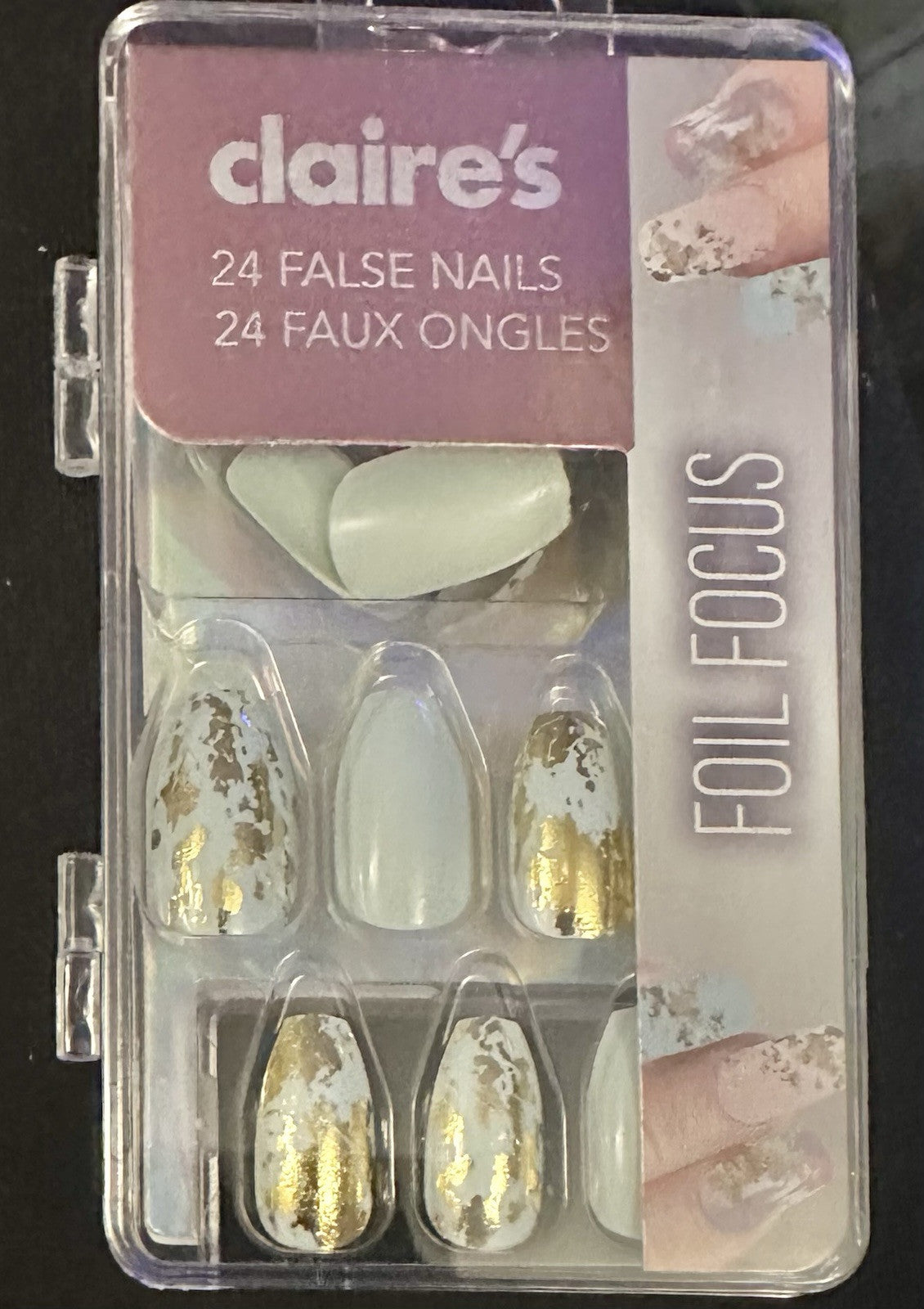Claire’s Gold Foil White Coffin Fake False Nails Press On Glue Gloss Pointed