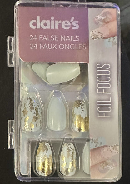 Claire’s Gold Foil White Coffin Fake False Nails Press On Glue Gloss Pointed