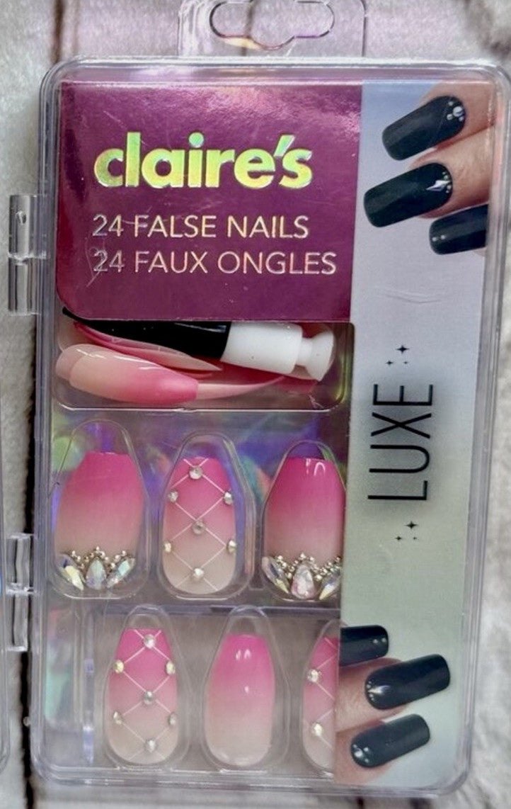 Claires Pink White Coffin Rhinestone Fake False Nails Preston Glue Shiny Gloss