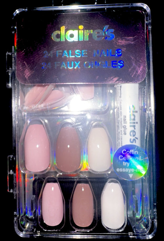 Claire’s Pink White Chocolate Stiletto Fake False Nails Press On Glue Gloss